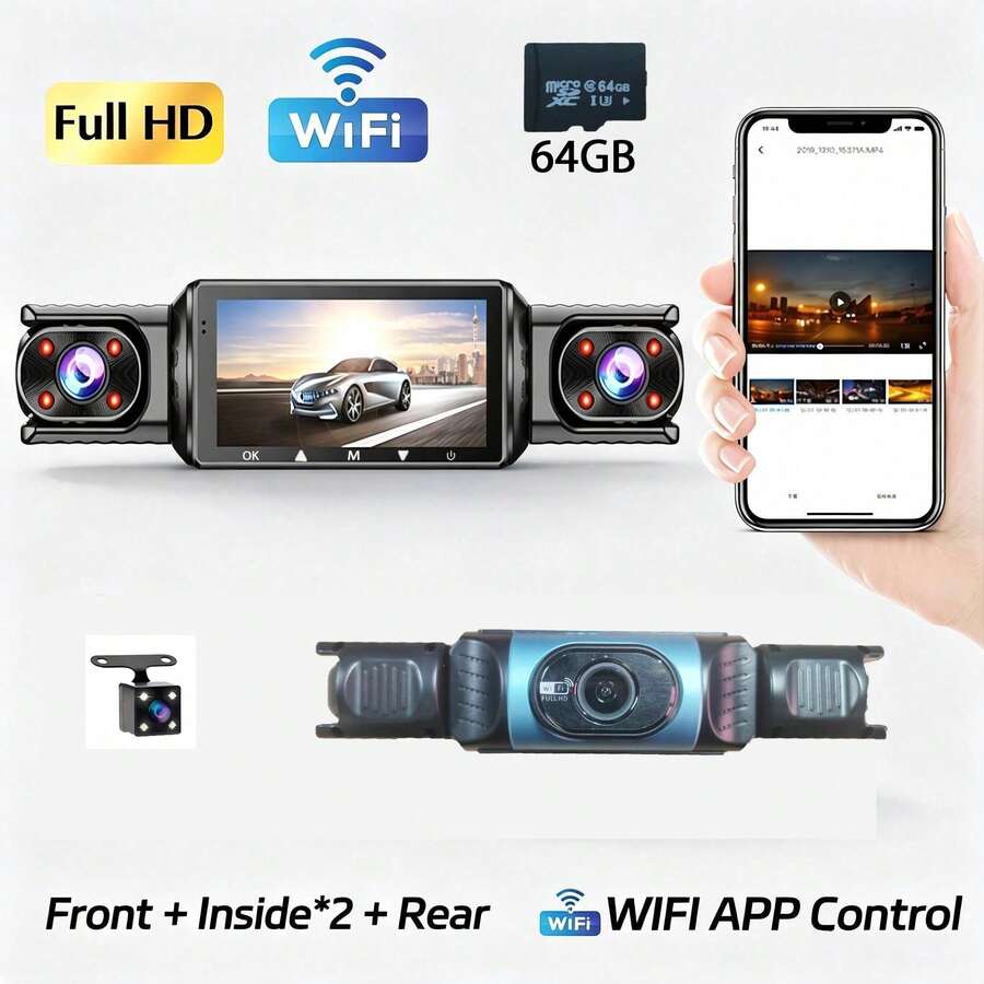 Wifi HD 4-Lens Panoramic Dash Cam, Low Light Night Vision, 360° Panoramic Recording, 4-Camera Recording, Collision Sensor, Equipped With 64Gb Loop Recording, Phone Interconnection, Battery Capacity 150mAh - 4-channel Dash Cam - View 1
