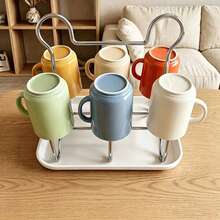 1pc 6‑Cup Stainless Steel Cup Drying Rack, Detachable Drip Tray With Handle, Kitchen Countertop Mug Storage Organizer - Multicolor - View 5