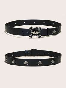 1pc American Retro Y2K Skull Cross Rivet Wide Belt Unisex Personalized Jeans Leather Belt - Skull Series - View 6