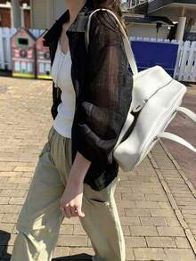 女款韓式百搭防曬拉鍊襯衫 - 黑色 - 查看 4
