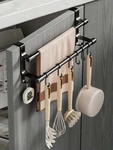 Black Double Bar Towel Rack Over-The-Door Towel Bar No-Drill Wall-Mounted Towel Storage Rack Great For Hanging Towels, Spoons And Utensils Suitable For Kitchen Bathroom Practical Hook-Style Storage Rack Designed Keeping Kitchen Tidy - Multicolor - View 9