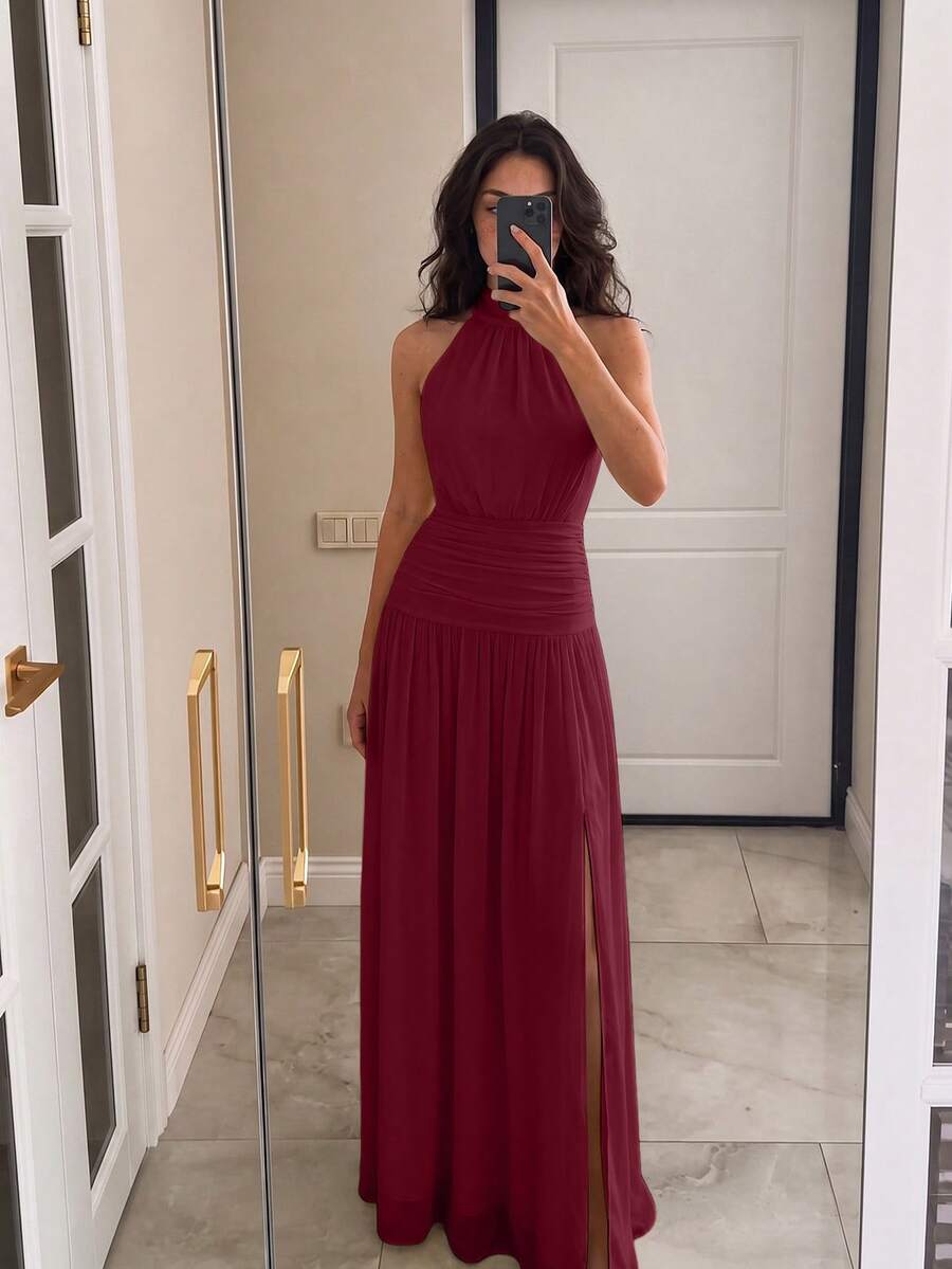 Elegant Burgundy Halter Ruched Waist Backless Mesh Maxi Dress, Perfect For Beach Vacation, Going Out Wear, Summer Party, Graduation - Burgundy - View 1