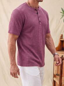 glestore Men's Vintage Old Money Style Solid Color Waffle Knit Short-Sleeve Pullover Henley Neck Design Stylish And Versatile Commuter Casual Wear - Rusty Rose - View 5