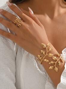 2pcs/Set Fashionable Elegant Vintage Hollow Leaf Design Open Bangle & Ring Jewelry Set - Gold - View 5