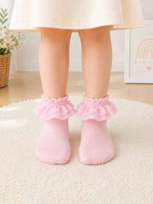 1 Pair Infant Toddler Ruffle Edge Socks, Little Girl Dance Versatile Solid Color Lace Socks - Pink - View 8