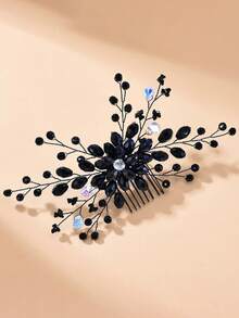 1pc Handmade Exquisite Beaded Hair Comb, Elegant Women's Hair Accessory For Party, Gathering, Vacation, Wedding, Bridal Headpiece - Black - View 4