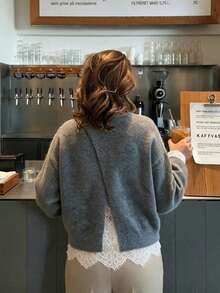 Sweater Kasual Wanita Kerah Renda dengan Warna Polos dan Benang Bercorak untuk Musim Gugur - Grey - View 6