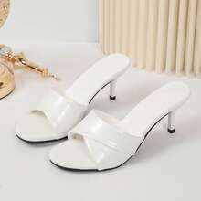 Women's Beach & Home Casual Sandals, Thin Heel Minimalist One-Strap Slide, Open Toe Soft Leather Mid-Heel Round Toe Versatile Slippers, Fashion PU Leather For Wedding & Party - White - View 3