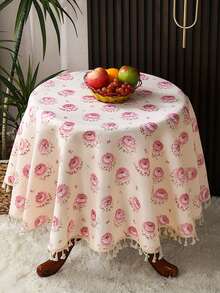 1pc Vintage Pink Rose Floral Print Tassel Round Tablecloth, French Country Style Decorative Tablecloth, Suitable For Dining Table, Home Kitchen, Party Decoration - Pink - View 7