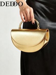 Bolsa de Mão Feminina para Noite, Formato de Meia-Lua, Estilo Minimalista Luxuoso e Elegante, Adequada para Casamentos, Festas de Coquetel, Banquetes e Uso Diário, Todas as Estações - Dourado - Visão 1