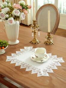 White Water‑Soluble Lace Table Runner, Solid Plain Polyester Table Runner With Geometric Fan‑Shaped Lace Trim, Boho Farmhouse Dining Table Decor For Party Wedding Home Decoration - White - View 14