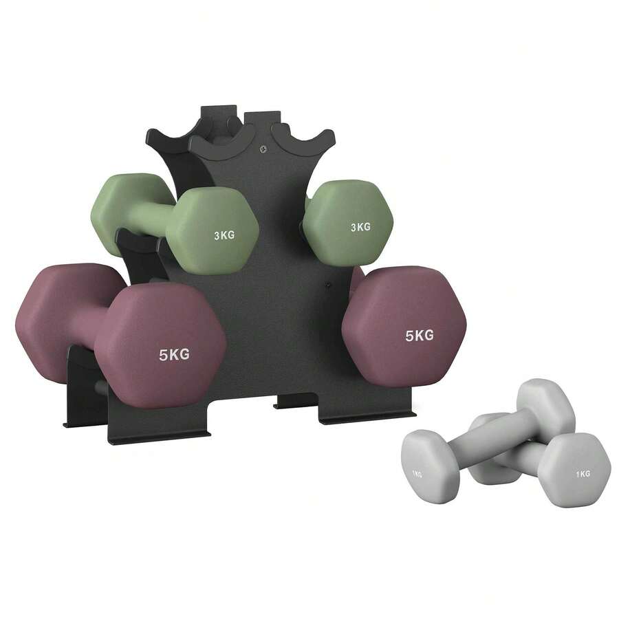 Kurzhantel Set, 2 x 1 kg, 2 x 3 kg, 2 x 5 kg, Hanteln mit Hantelständer, Neopren-Beschichtung, hellgrau, grün und rot - hellgrau, grün und rot - Übersicht 1