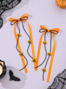 2pcs Pumpkin Ribbon Hair Clips, Cartoon Pumpkin Pendant Orange Ribbon Bow Beads Hair Clips, Halloween Party, Cosplay And Dress Up - Multicolor - View 3
