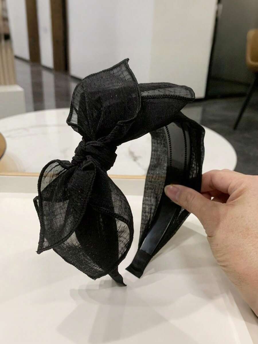 Korean Style Bow Headband With Teeth Anti-Slip Hair Grip Simple Wide Lace Mesh Headband For Women Versatile Hair Clip - Black - View 1
