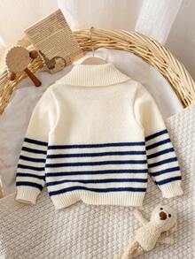 Infant & Toddler Boys' Academy Style Collared Long Sleeve Knit Cardigan Sweater, Colorblock Striped Double-Breasted Casual Versatile Jacket For Daily Wear, School, Spring, Autumn, Winter - Apricot - View 2