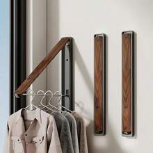 Vintage Foldable Wall-Mounted Clothes Rack, Black Walnut Wood Grain + Space Aluminum Alloy Bracket Design, Foldable Telescopic Drying Rod, Suitable For Wall, Door, Window And Other Multiple Scenes, Space-Saving Clothes Storage Rack For Bedroom, Balcony, Bathroom - Multicolor - View 11