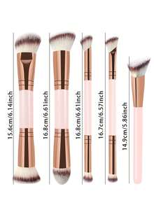 5pcs Dual-Ended Makeup Brush Set, Soft Fluffy Synthetic Bristles, Multi-Function Face & Eye Makeup Brushes For Foundation, Blush, Contour, Concealer, Eyeshadow, Powder Gold Handle Beauty Tools, Beginner Friendly - Pink - View 4