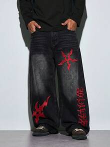 Modcrash Men's Fashion Street Style Embroidered Wide Leg Jeans, Loose & Comfortable, Versatile For All Seasons (Belt Or Accessories Not Included) Wide Leg Fall/Autumn/Winter - Black - View 1