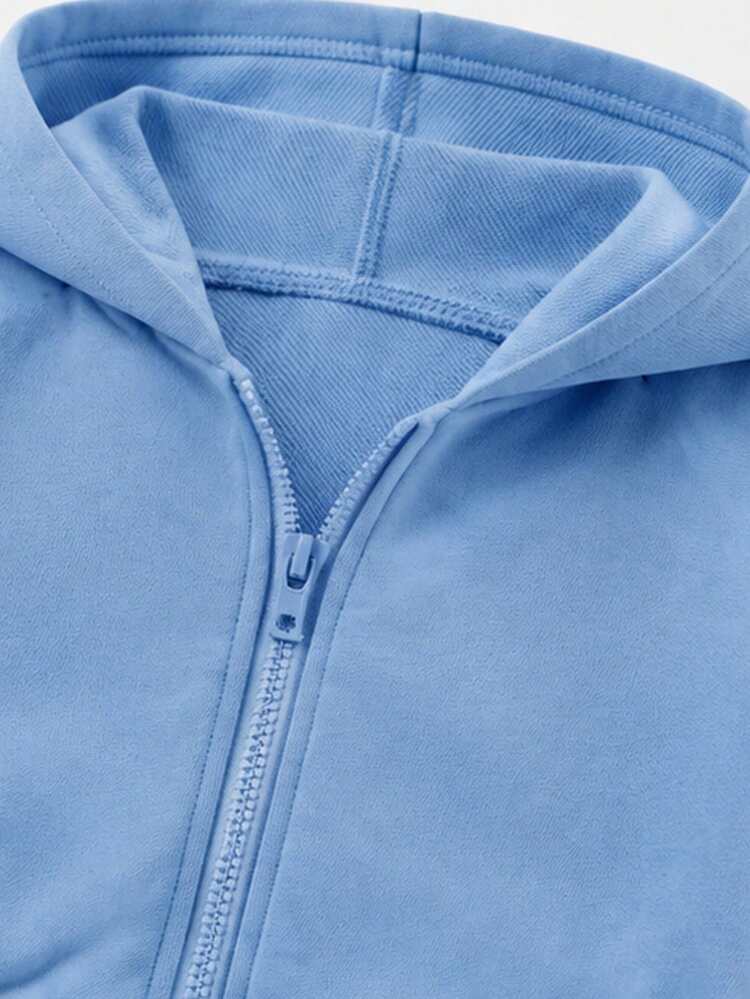 Conjunto de moda para niñas otoño/invierno, sudadera corta con capucha y decoración de lazo, y pantalones anchos holgados - Azul - Añade 4