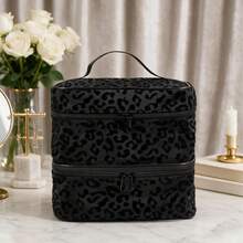 1pc Black Minimalist Mesh Material Double Layer Makeup Bag, Leopard Print Women's Toiletry Bag, Portable Storage Bag, Convenient For Travel And Carrying - Black - View 3