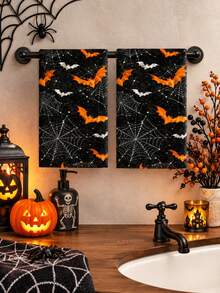 2pcs/4pcs Halloween Bat Spider Web Towels, Orange & White Vintage Distressed Print, Soft Absorbent Microfiber, Bathroom Kitchen Holiday Decor Gift - Multicolor - View 5