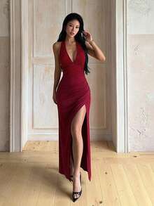 1pc Solid Color Elegant Knit Fabric Slit Dress For Wedding, Beach, Autumn - Burgundy - View 2