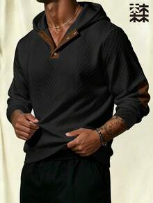 mulinsen Men's Argyle Hooded Sweatshirt, Vintage Henley Button Elbow Patch Casual Long Sleeve Pullover - Black - View 2