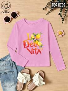 Girls Cotton Raglan Long Sleeve Tee For Fall Winter, Cartoon Lemon Print With 'I Delo Vita' Text, Cute Sweet Preppy Style - Light Wine Red - View 3