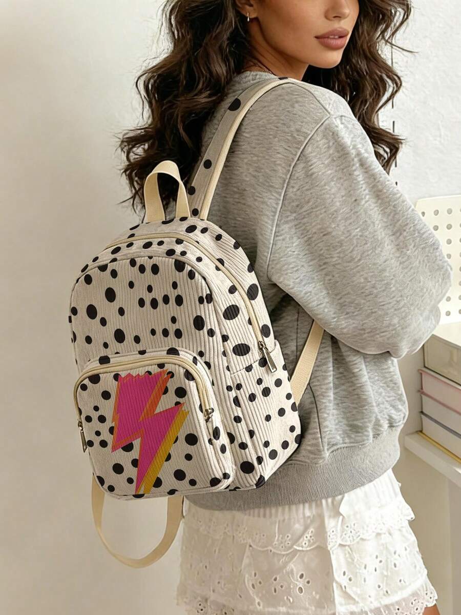 1 Piece Backpack, Women's Mini Backpack, Corduroy Girl's School Bag, Travel Storage Bag, Fun‑Printed Design, Large‑Capacity Foldable Easy‑To‑Store Bag, Lightweight And Pressure‑Relieving, Multi‑Pocket Layered Design With Zipper Closure - Lightning 3334117 - View 1