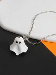 1pc Halloween Cute Cartoon Ghost Pendant Necklace, Halloween Jewelry - White - View 2