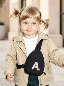 1PC Toddler Crossbody Chest Bag, Printed With A-Z Letters And Pink Heart Pattern, With Adjustable Shoulder Strap And Zipper, Suitable For Toddler Casual Daily Use, Can Be Given As A Gift - Black - View 4