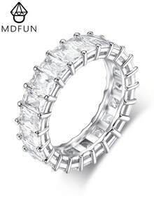 MDFUN 18K白金/鍍金女士永恆戒指，單排與雙排全鋯石戒圈，個性化婚禮可疊戴手指戒指 - 白色 - 查看 1