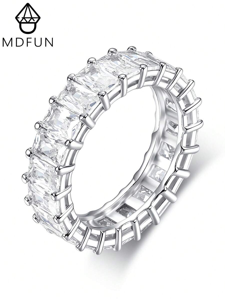 MDFUN 18K白金/鍍金女士永恆戒指,單排與雙排全鋯石戒圈,個性化婚禮可疊戴手指戒指 - 白色 - 查看 1