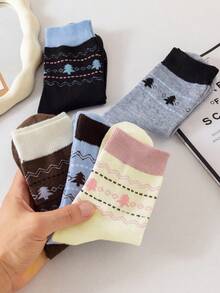 5 Pairs Women's Multi-Color Small Tree Jacquard Mid-Calf Socks, Soft, Warm, Breathable, Vintage , Autumn/Winter Home & Commute Socks - Multicolor - View 4