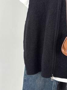 Autumn/Winter New Soft Coffee-Colored Ribbed Knit Vest With Double Zippers, Sleeveless Camisole, Commuter Casual Layering Essential - Black and White - View 4
