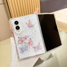 Cute Pink Butterfly Pattern Glitter Transparent Phone Case, Compatible With Samsung Galaxy Z Fold8 Wide Fold8 Back Cover - Pink - View 6