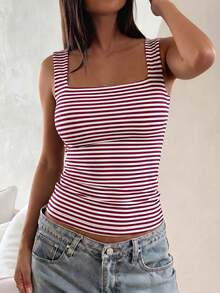 Women's Casual Striped Knit Tank Top, Summer - Red and White Stripes - View 9