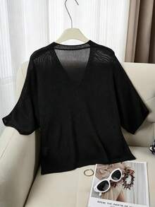 Women's Summer V-Neck Batwing Sleeve Knit Cardigan Top - Casual Fashion, Medium Stretch, Suitable For Spring/Summer, Cardigan Style, Essential Piece For Spring/Summer Outfits - Black - View 2