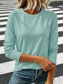 女款網眼透氣長袖春夏修身彈性戶外防曬運動跑步套裝，百搭舒適 - 綠松石色 - 查看 2