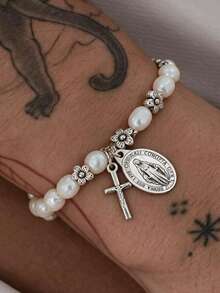1pc Vintage Baroque Style Cross Virgin Mary Pendant Necklace With Faux Pearl, Suitable For Daily, Party And Holiday Wear - Multicolor - View 8