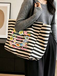 Large-Capacity, Retro-Style Tote Bag Featuring Stripes And Cute Letter Prints-Perfect For Women And An Excellent Gift Choice. - Multicolor - View 3