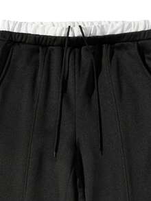 Men's Double Waistband Wide Leg Sweatpants, Fleece Lined, Drawstring Elastic Waist, Casual Loose Fit With Pockets, Streetwear Style For Daily Wear - Black - View 4