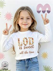 Girls Cotton Raglan Long Sleeve Tee, Autumn Winter Top With Floral Print & Sweet Saying, Cute Girly Preppy Style - White - View 2