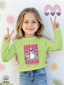 Girls Cotton Raglan Long Sleeve Tee For Fall Winter, Cartoon Duck Print With Stars, Cute Sweet Preppy Style - Fruit Green - View 2