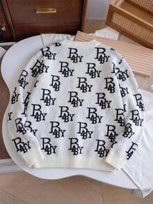 1pc Boys' Cool Personalized Vintage Letter Print Pullover Sweater, Autumn/Winter - White - View 6