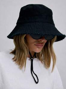 1pc Women's Drawstring Brim Bucket Hat, Adjustable Design, Soft Fabric, Sun Protection & Windproof, Suitable For Travel, Beach, Casual Vacation, Play And Daily Use - A - View 2