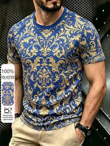 Blue & Gold Baroque Style All-Over Sublimation Print Men's Short Sleeve T-Shirt, Polyester Fiber Loose Fit Crew Neck Casual Summer Top - Multicolor - View 2