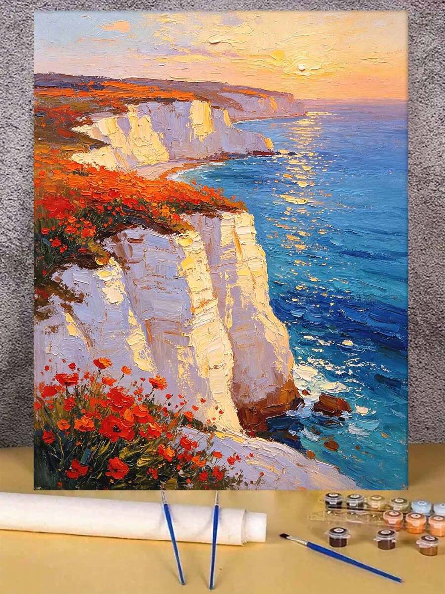 1pc Oil Painting By Numbers Kit, Seaside Landscape DIY Art & Craft, Home Wall Decor, Canvas Oil Painting Decoration, Holiday Gift Includes Paintbrushes And Paints.