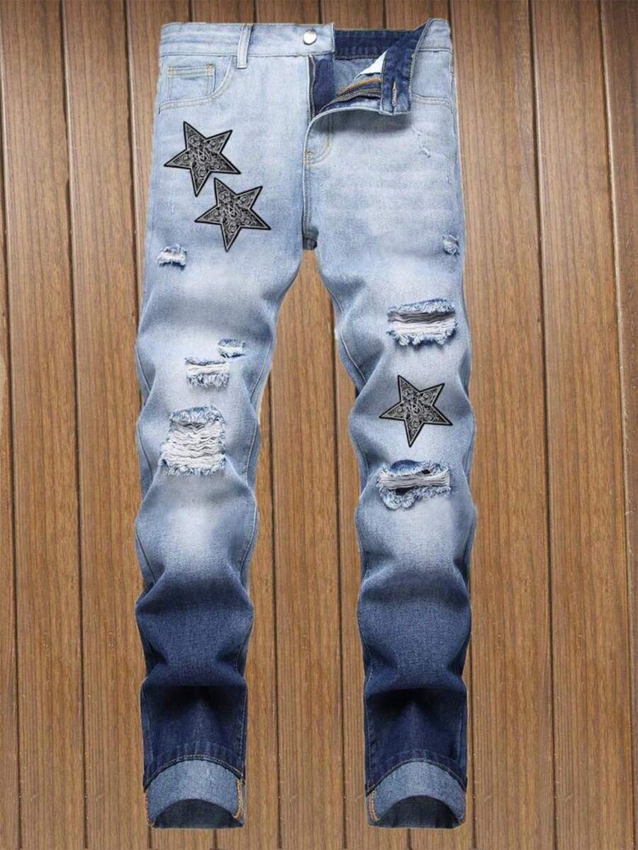 男士时尚刺绣星星做旧牛仔裤 - 淺色水洗藍 - 查看 1