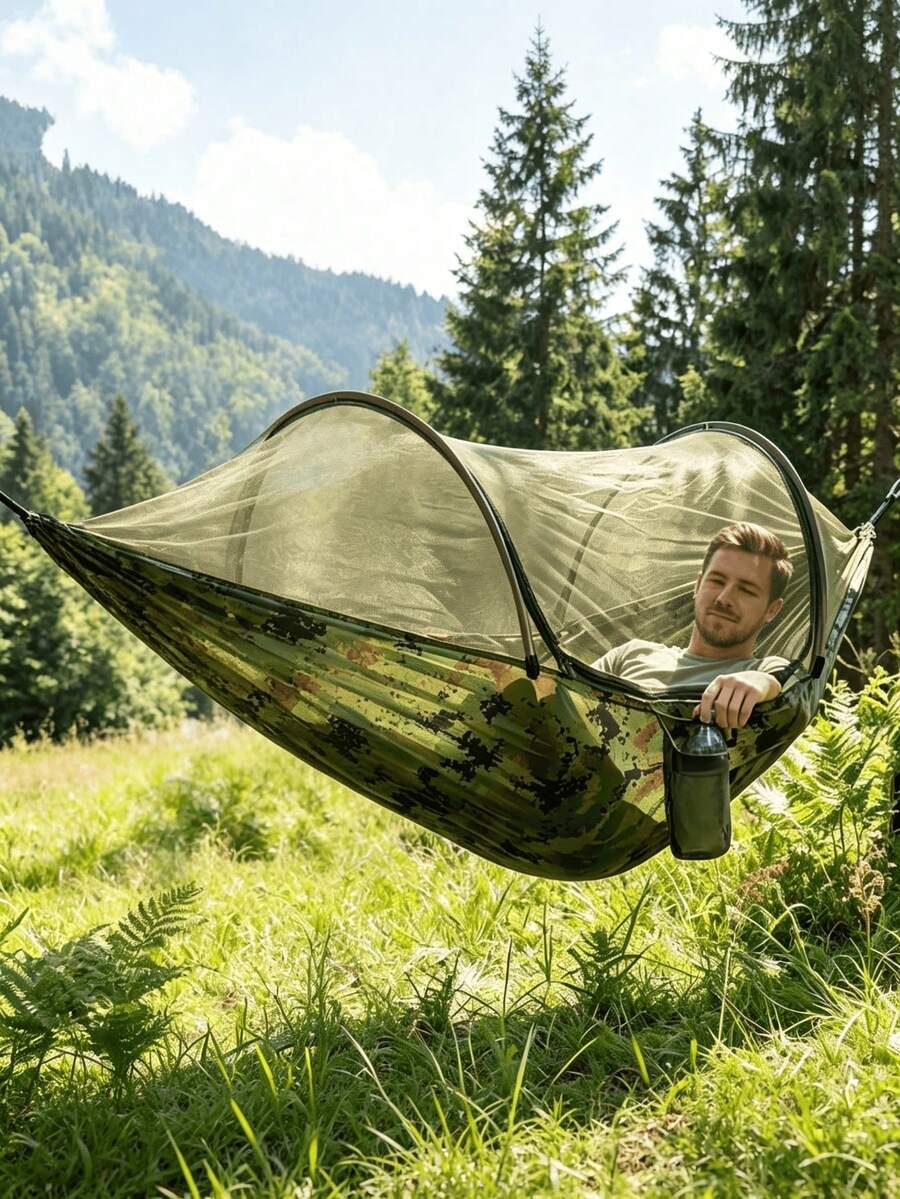 1pc Zalini Nylon Hammock With Mosquito Net | Breathable & Quick-Drying, Portable, Indoor/Outdoor Use, Perfect For Camping, Hiking, Backpacking, Travel, Backyard, Beach, Ideal Choice For Camping